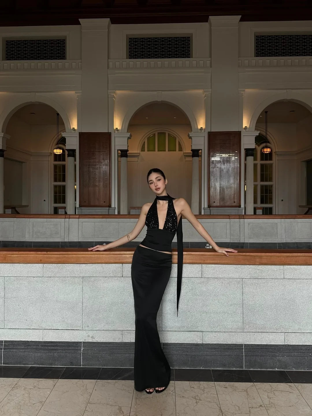 Sexy Two Piece Sheath Halter Black Sequin Satin Floor length Sleeveless Off-the-shoulder Prom Dress Cocktail Dress Homecoming Dress Evening Dress