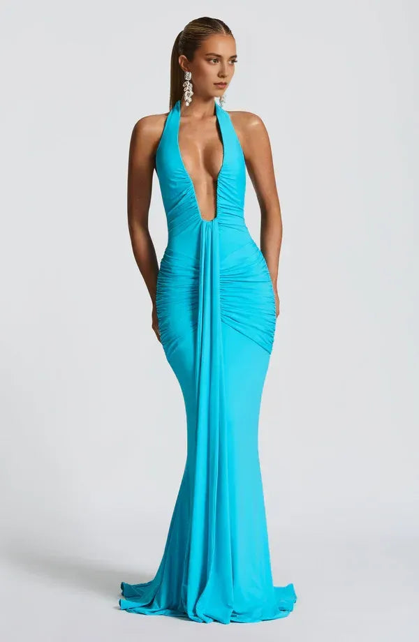 Sharp Mermaid Plunging Neck Halter Strap Tie Back Train Floor Length For Ladies Prom Dress