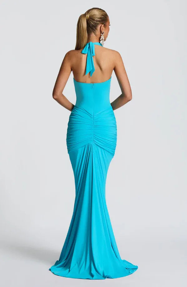 Sharp Mermaid Plunging Neck Halter Strap Tie Back Train Floor Length For Ladies Prom Dress