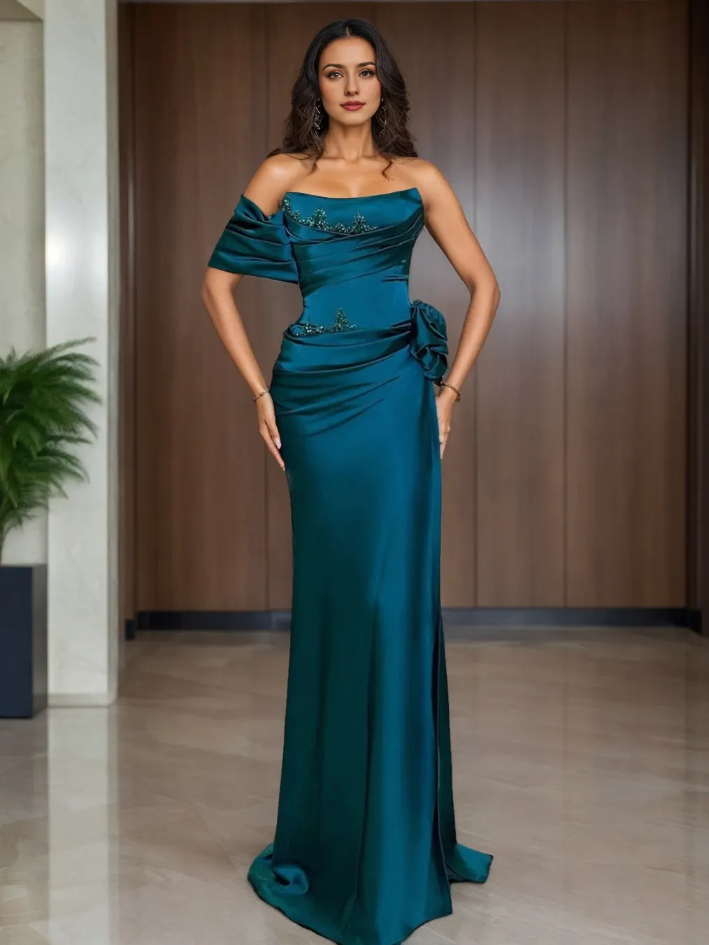 Sheath Ankle Length Long Sleeve V Neck Chiffon with Ruched Ruffles Evening Dresses Prom Dress