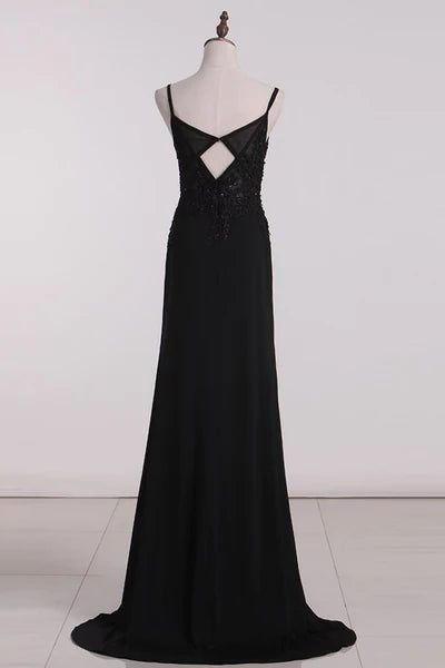 Sheath Black Beading Appliques Long Sleeveless with Slit Prom Dress Party Dress Cocktail Dress Homecoming Dress Evening Dress