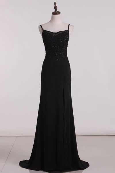 Sheath Black Beading Appliques Long Sleeveless with Slit Prom Dress Party Dress Cocktail Dress Homecoming Dress Evening Dress