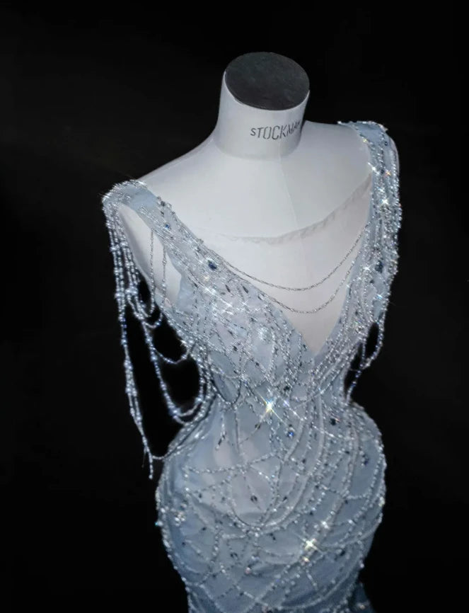 Sheath Blue Mermaid V Neck Rhinestone Tulle Sleeveless Long Prom Dress Cocktail Dress Homecoming Dress Evening Dress Party Dress