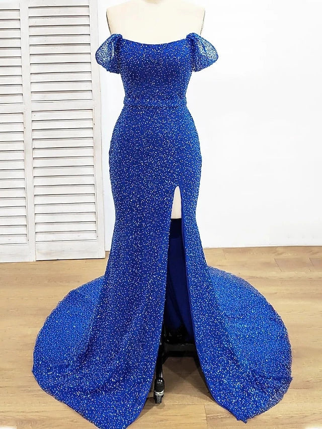 Sheath Blue Sequins Off-the-Shoulder Sleeveless Split Side Floor-length Prom Dresses Evening Dresses Party Dress