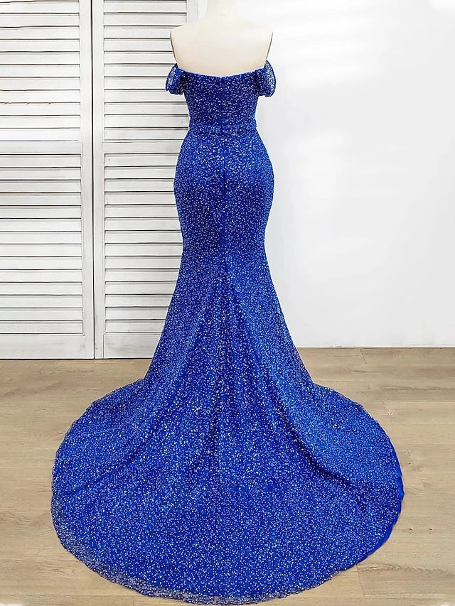 Sheath Blue Sequins Off-the-Shoulder Sleeveless Split Side Floor-length Prom Dresses Evening Dresses Party Dress