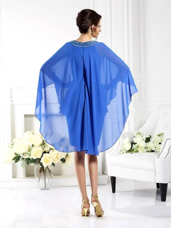 Sheath Chiffon Bateau Short Sleeves Knee-Length With Beading Mother of the Bride Dresses