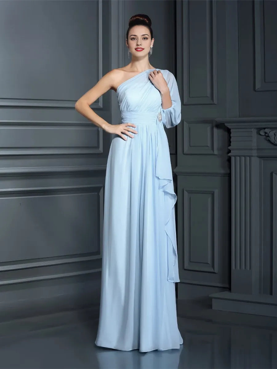 One-Shoulder Short Sleeves Sheath Chiffon Floor-Length With Ruffles Bridesmaid Dresses