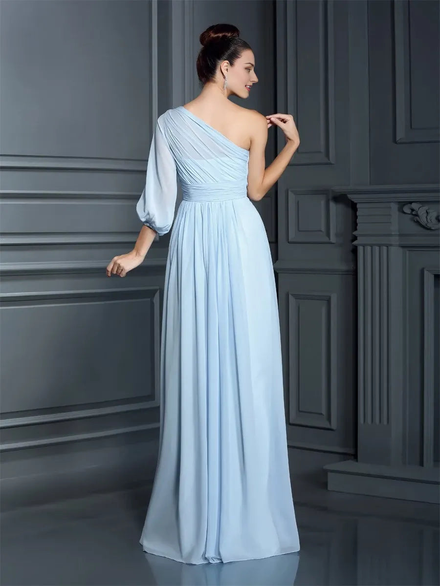 One-Shoulder Short Sleeves Sheath Chiffon Floor-Length With Ruffles Bridesmaid Dresses