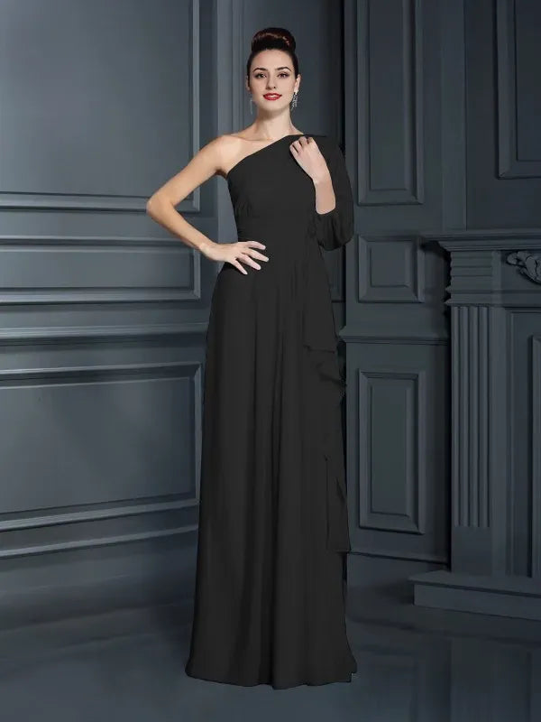One-Shoulder Short Sleeves Sheath Chiffon black Floor-Length With Ruffles Bridesmaid Dresses
