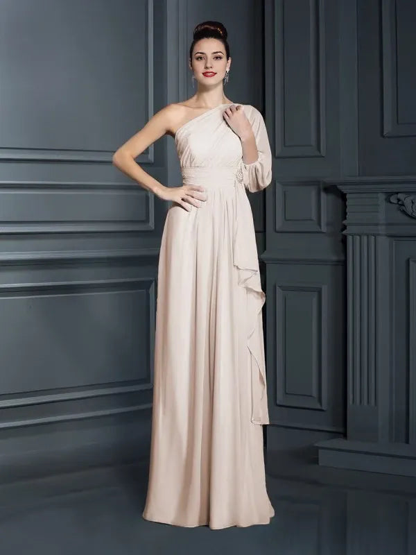 One-Shoulder Short Sleeves Sheath Chiffon champagne Floor-Length With Ruffles Bridesmaid Dresses