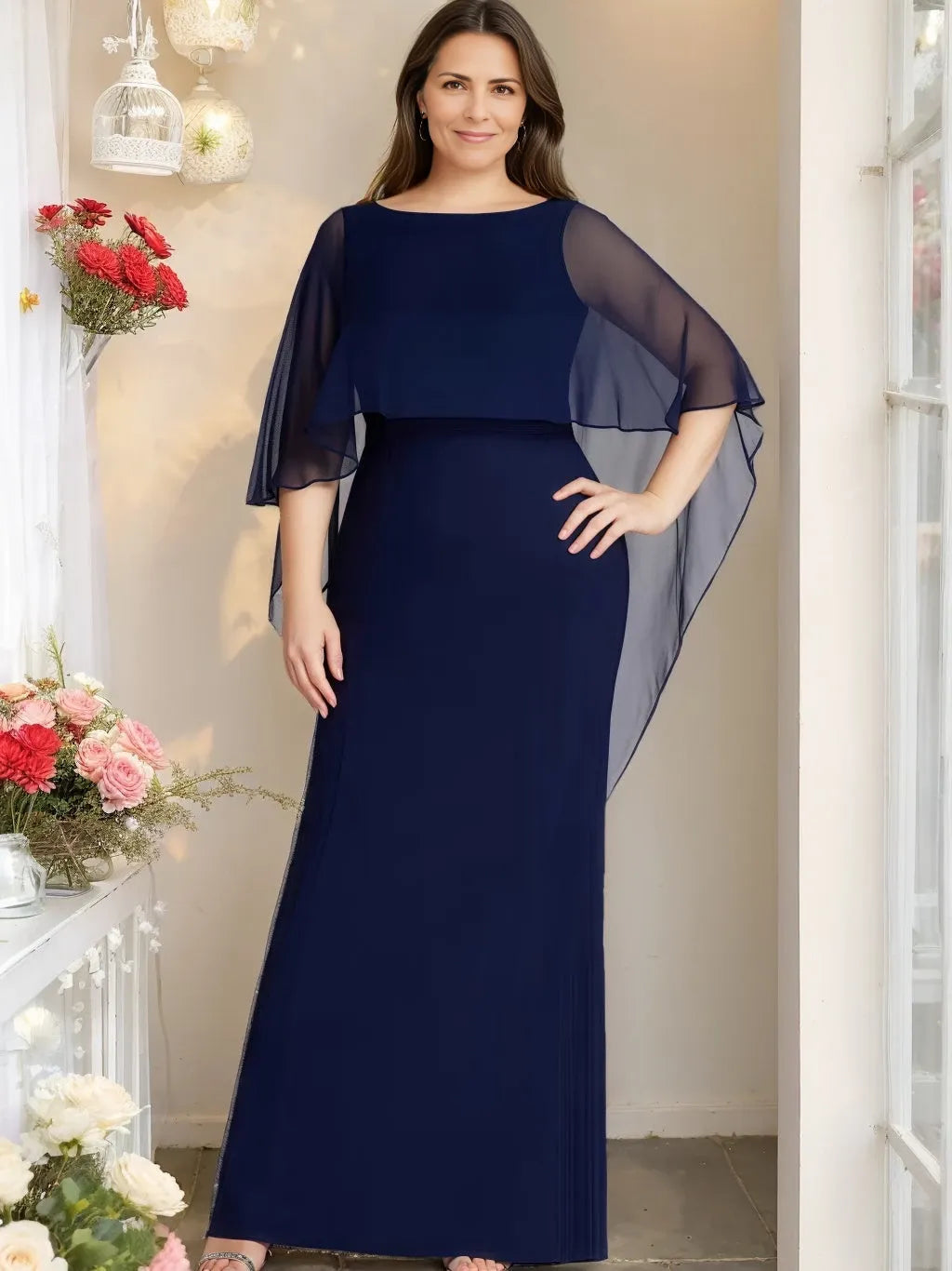 Sheath Chiffon Scoop Neck Half Sleeves Floor-Length Plus Size Mother of the Bride Dresses