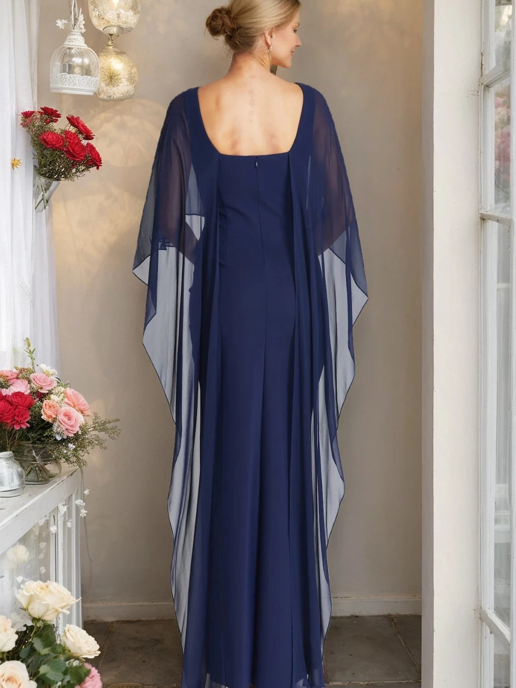 Sheath Chiffon Scoop Neck Half Sleeves Floor-Length Plus Size Mother of the Bride Dresses