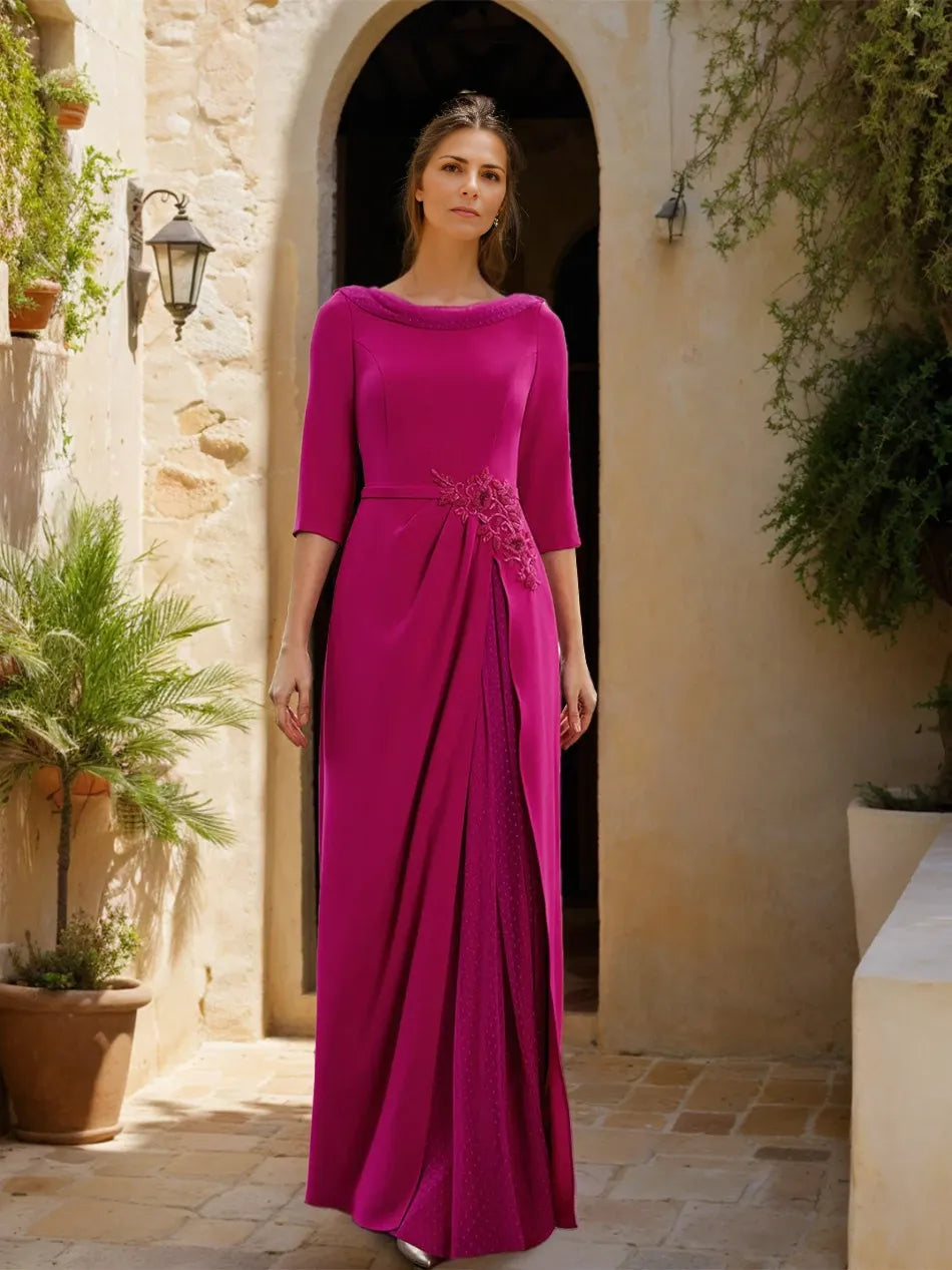 Sheath Cowl Neck Long Sleeves Floor-Length with Tulle Sash Slit Jewel Appliques Mother of the Bride Dresses