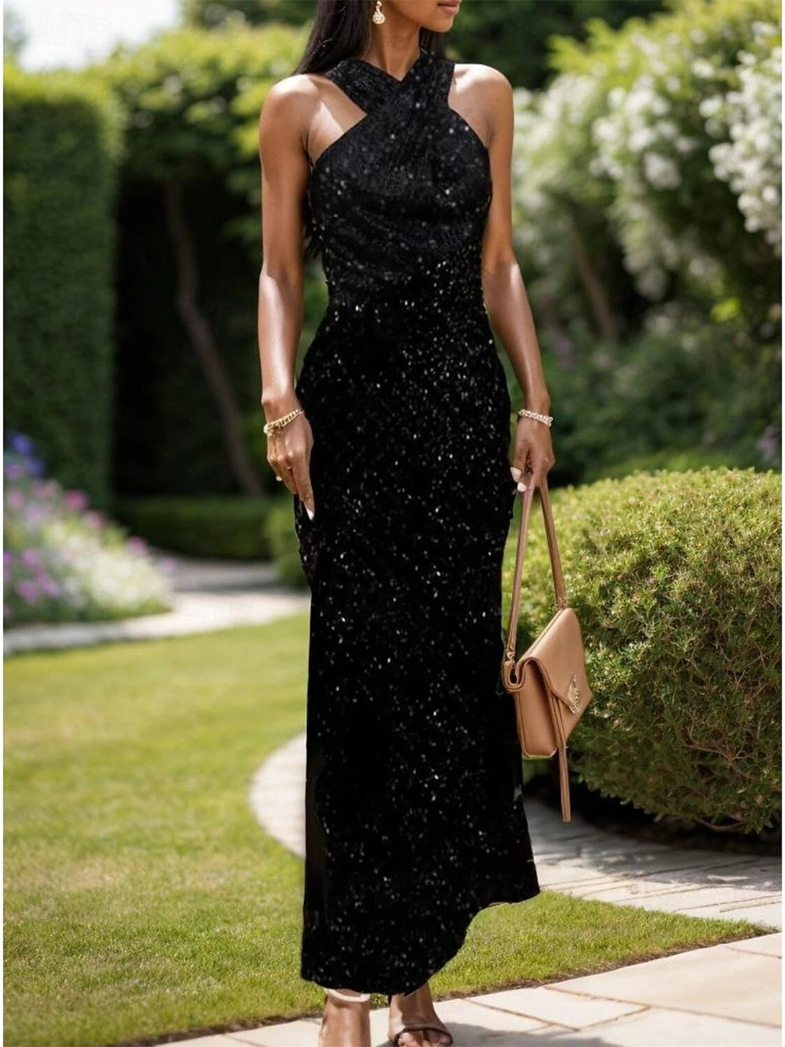 Sheath Halter Neck Sequin Sleeveless Ankle Length dresses Party Dresses Evening Dresses
