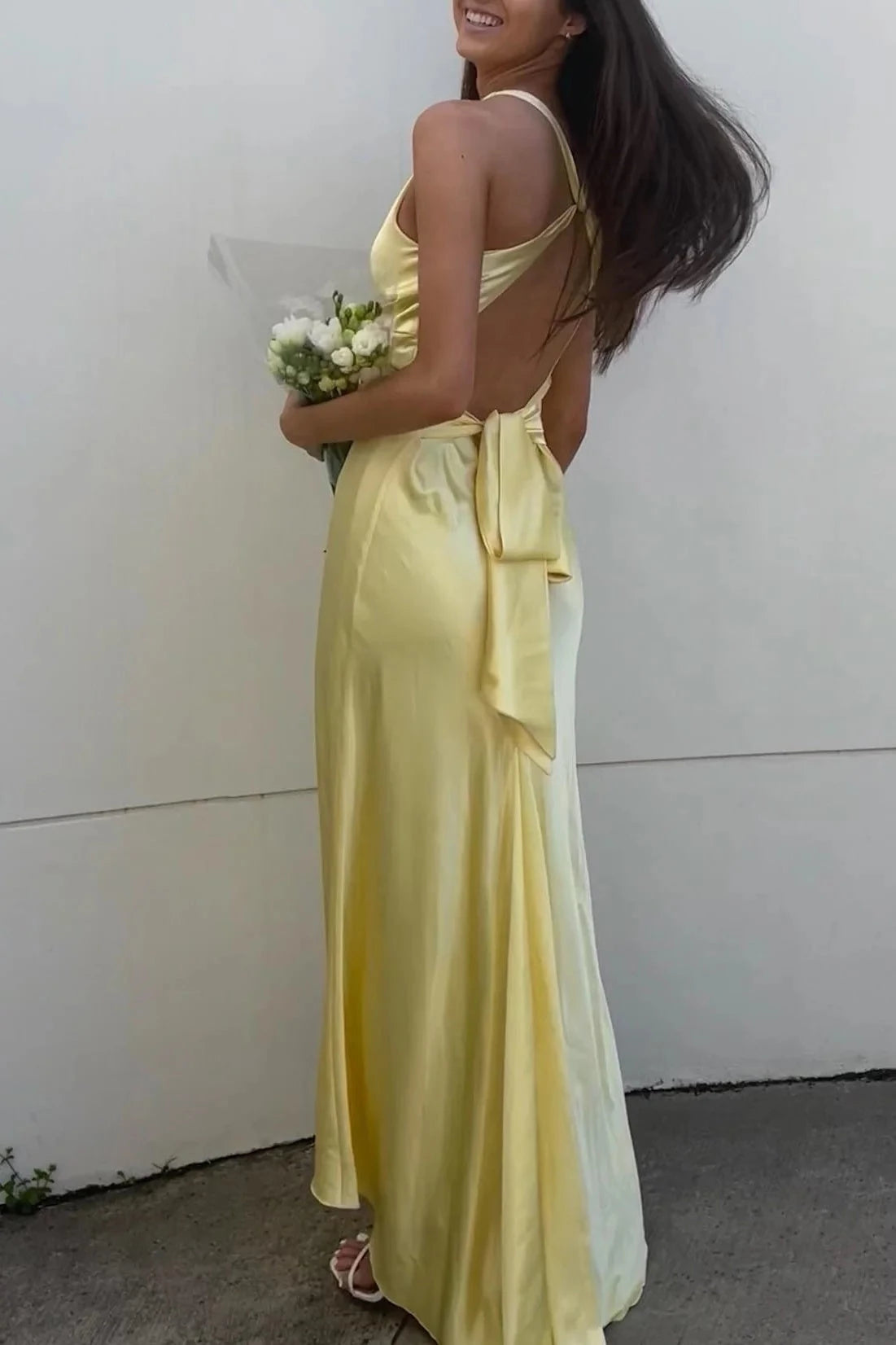 Sheath Halter Neck Yellow Satin Long Floor Length Evening Dress Party Dresses Prom Dress