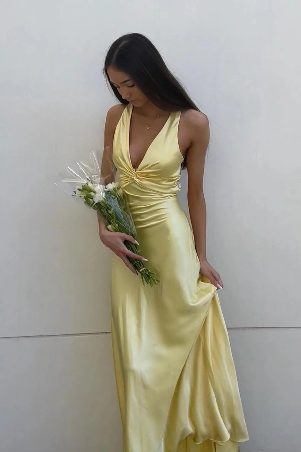 Sheath Halter Neck Yellow Satin Long Floor Length Evening Dress Party Dresses Prom Dress