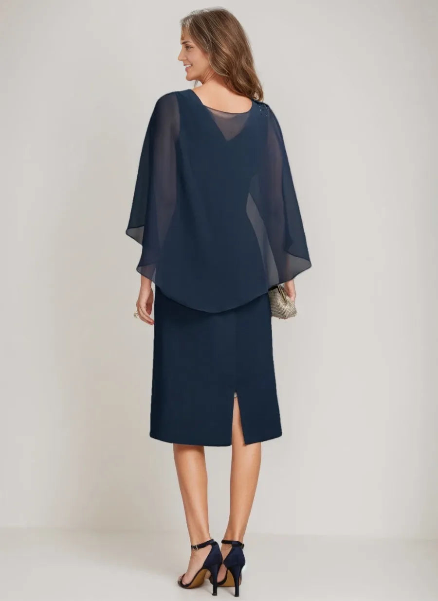 Sheath Jewel Neck Tea-Length with Detachable Cape Ruffles Beads Mother Of The Bride Dresses