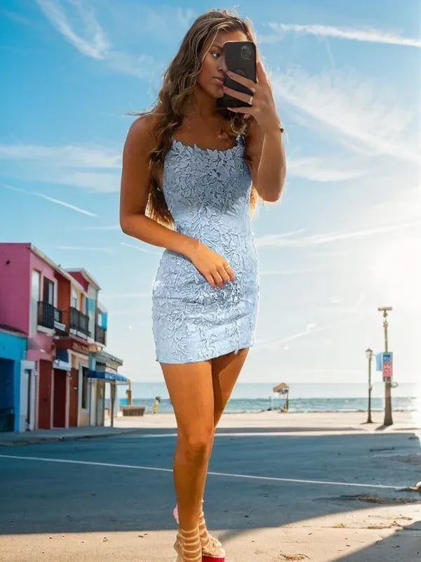 Sheath Lace Spaghetti Straps Sleeveless Short Dresses Party Dresses Evening Dresses Homecoming Dresses