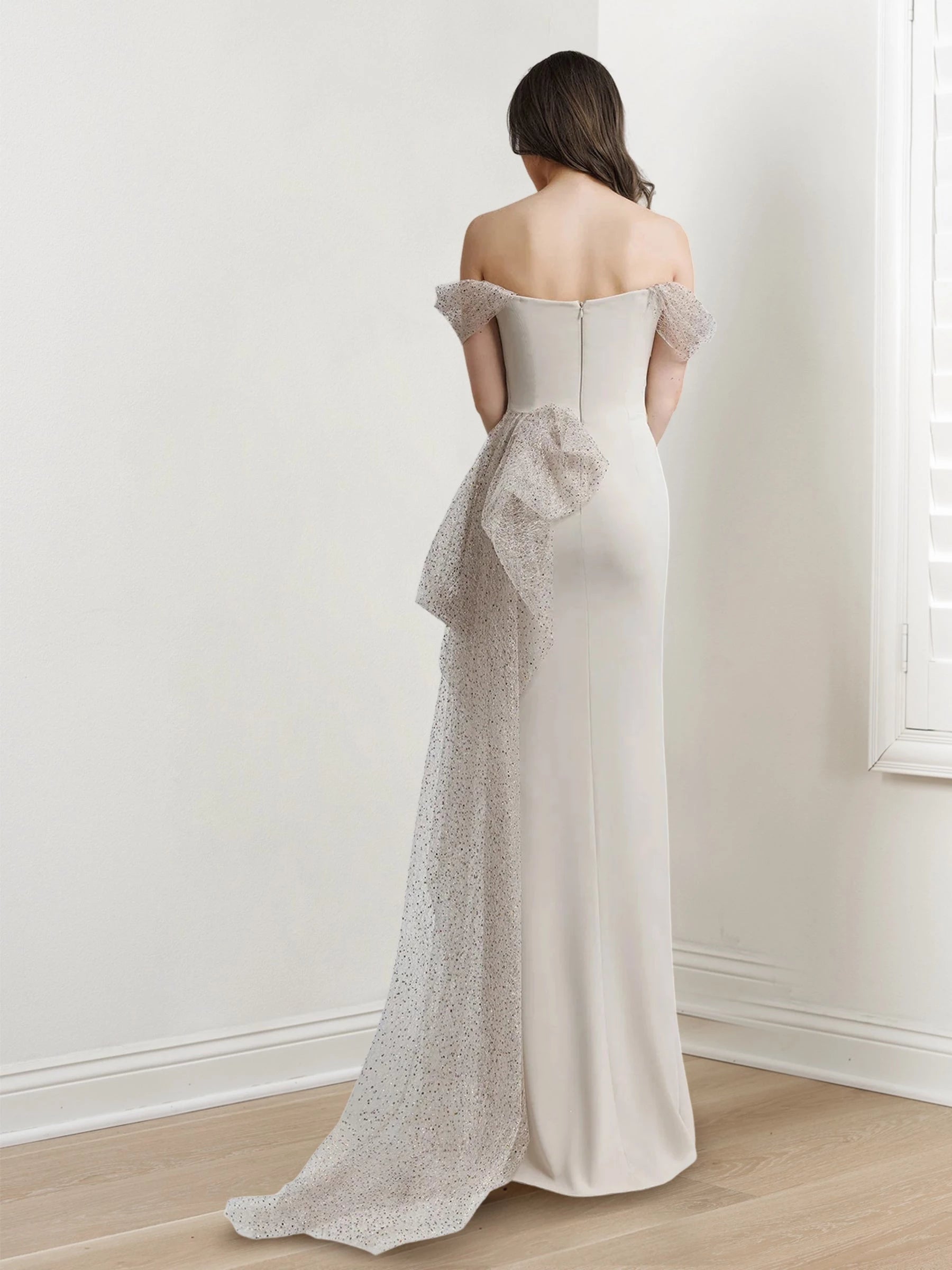 Sheath Off-The-Shoulder Short Sleeves Floor-Length Long with Split Side Prom Dress Evening Dresses