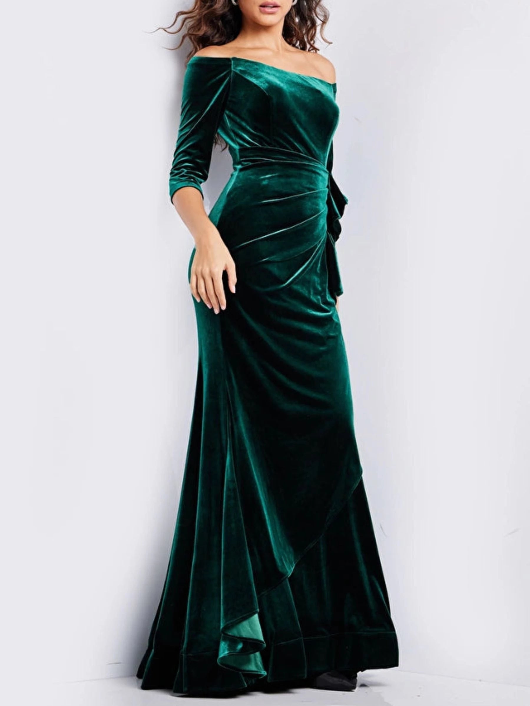 Sheath Off-the-Shoulder Long Sleeves Floor-length With Ruffle Evening Dresses Prom Dresses