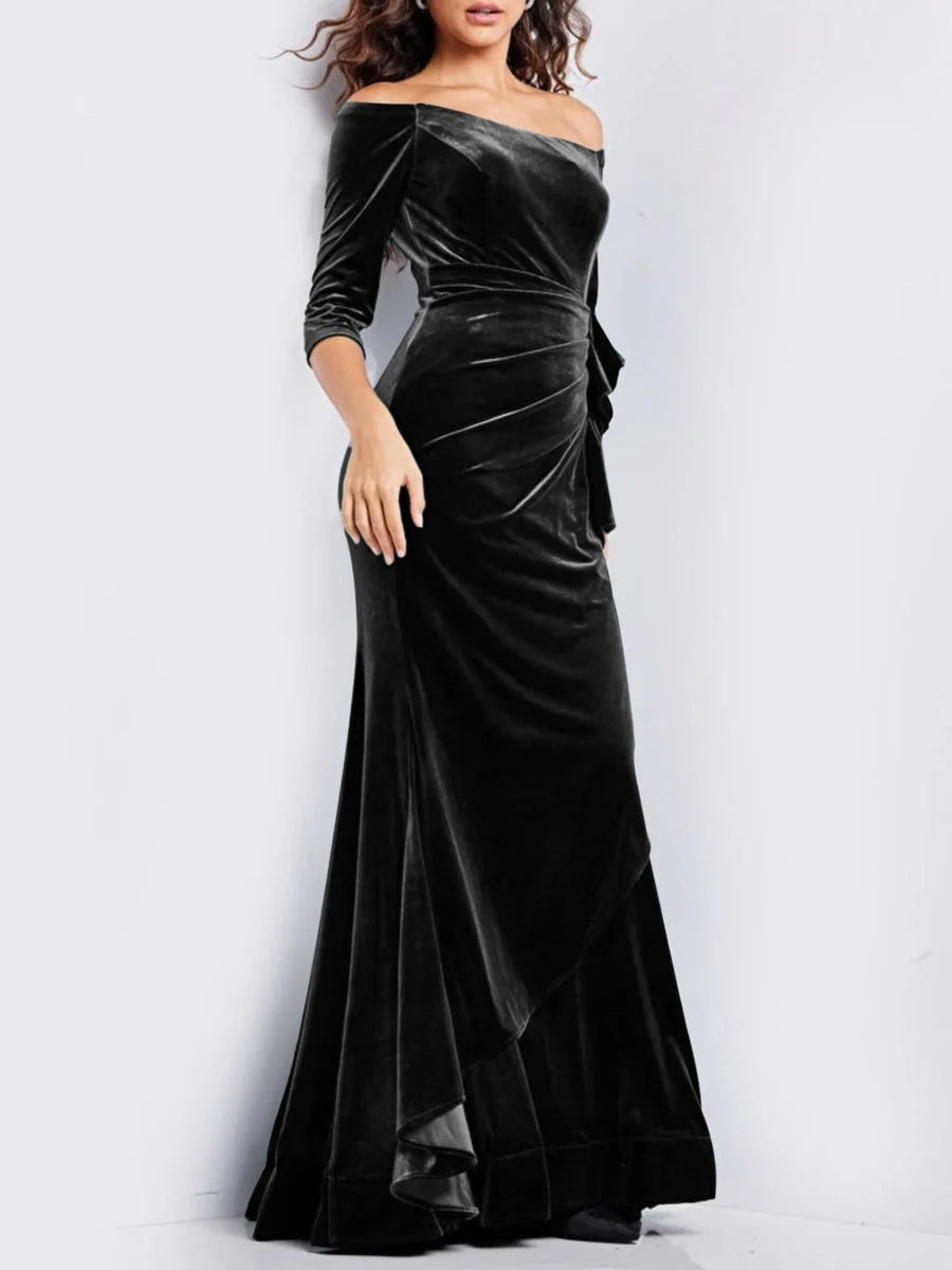 Column Off-the-Shoulder Long Sleeves Floor-length Prom Dresses With Ruffle Evening Dresses