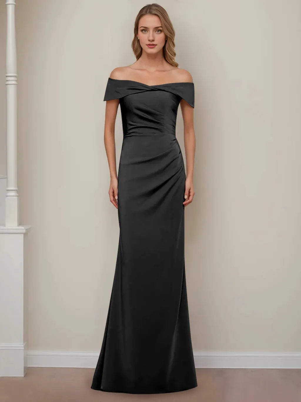Sheath Off-the-Shoulder Short Sleeves Black Floor-Length With Ruffles Evening Dresses Prom Dress
