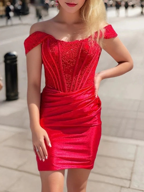 Sheath Off-the-Shoulder Sleeveless Short With Appliques Pleats Party Dance Cocktail Homecoming Dress