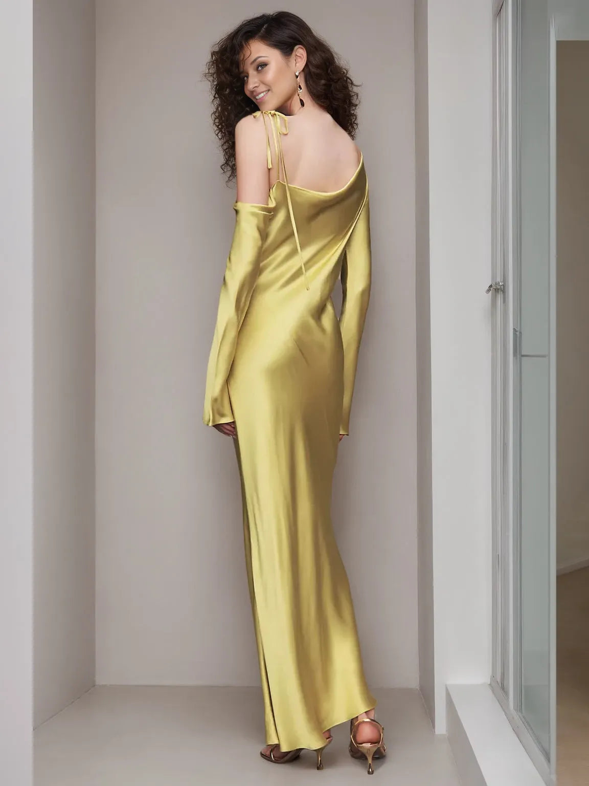 Sheath One-shoulder Ankle Length Long Sleeves Evening Dresses