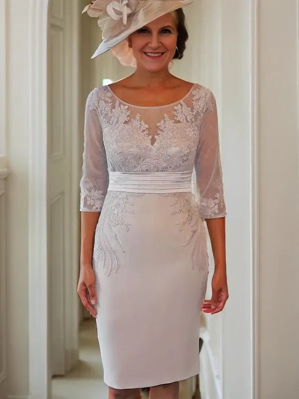 Sheath Satin Applique Scoop Short Sleeves Knee-Length Mother of the Bride Dresses
