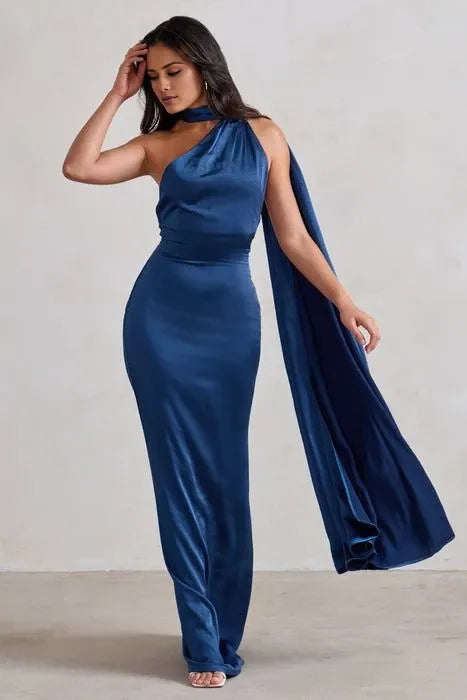 Sheath Satin Blue Halter Floor-length Prom Dresses Evening Dresses Party Dress