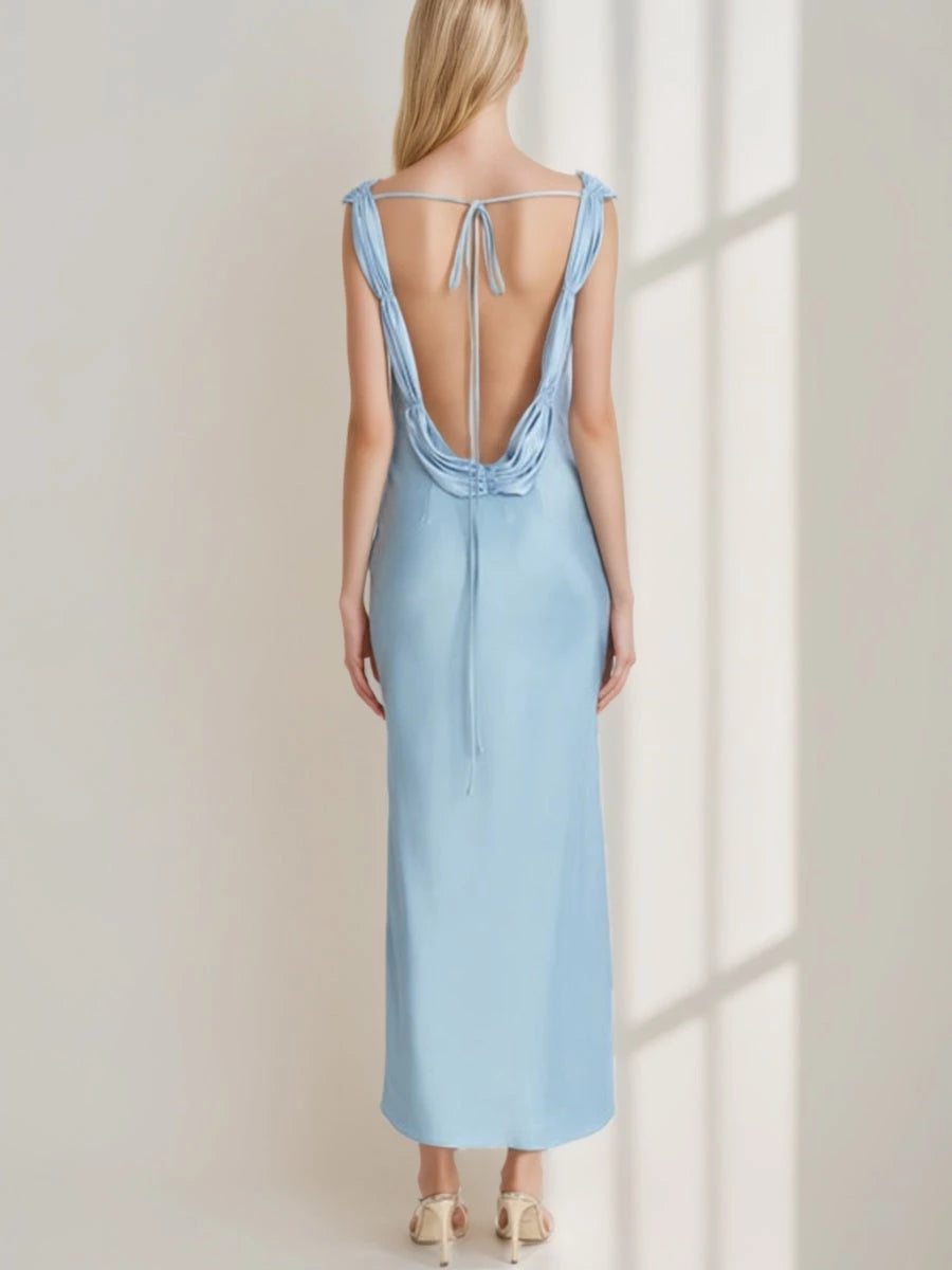 Sheath Scoop Ruched Ankle-Length Vintage with Lace-Up Opened Back Evening Dresses Party Dress Prom Dresses