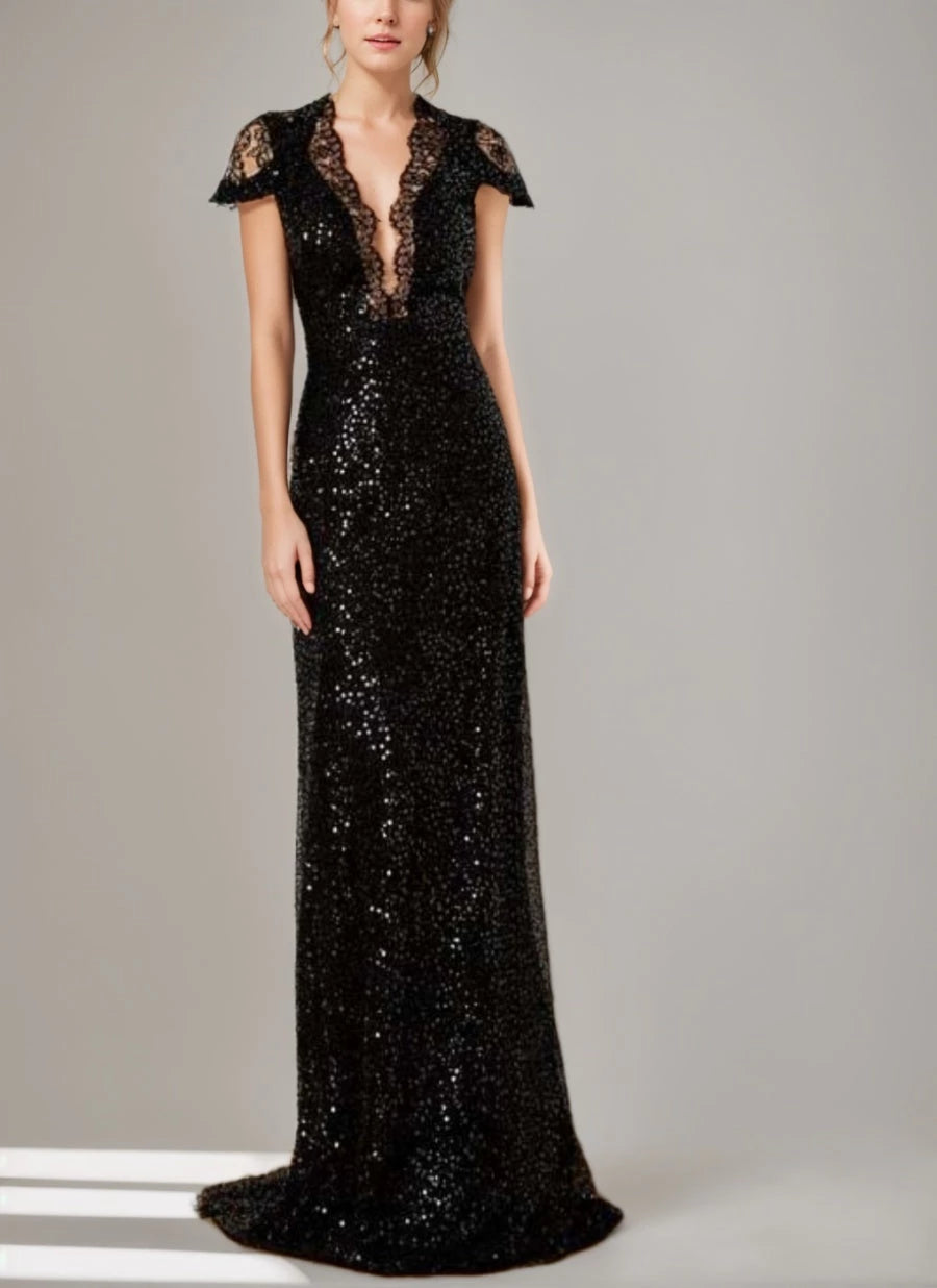 Sheath Sequined Floor-Length Plunge V-Neck with Lace Slit Mother Of The Bride Dresses