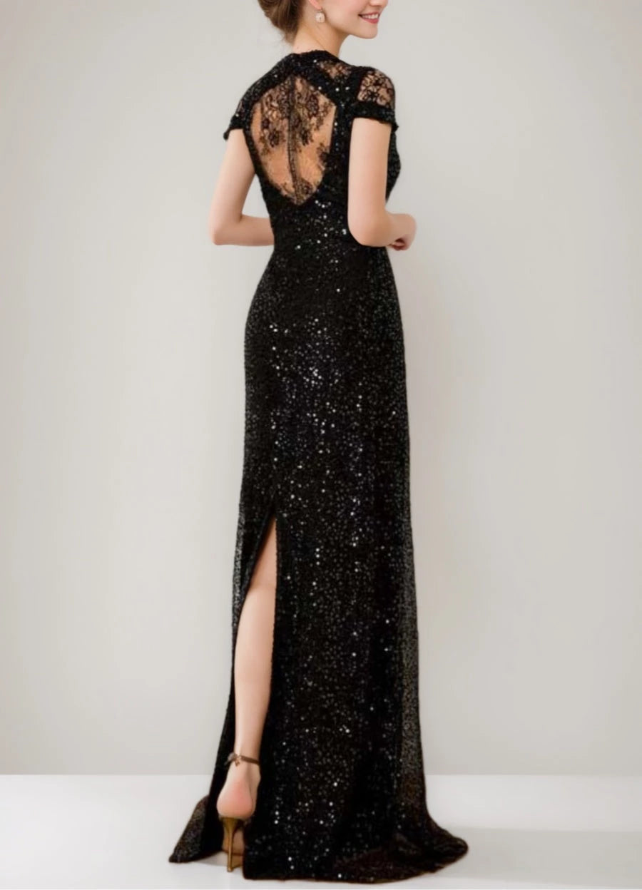 Sheath Sequined Floor-Length Plunge V-Neck with Lace Slit Mother Of The Bride Dresses