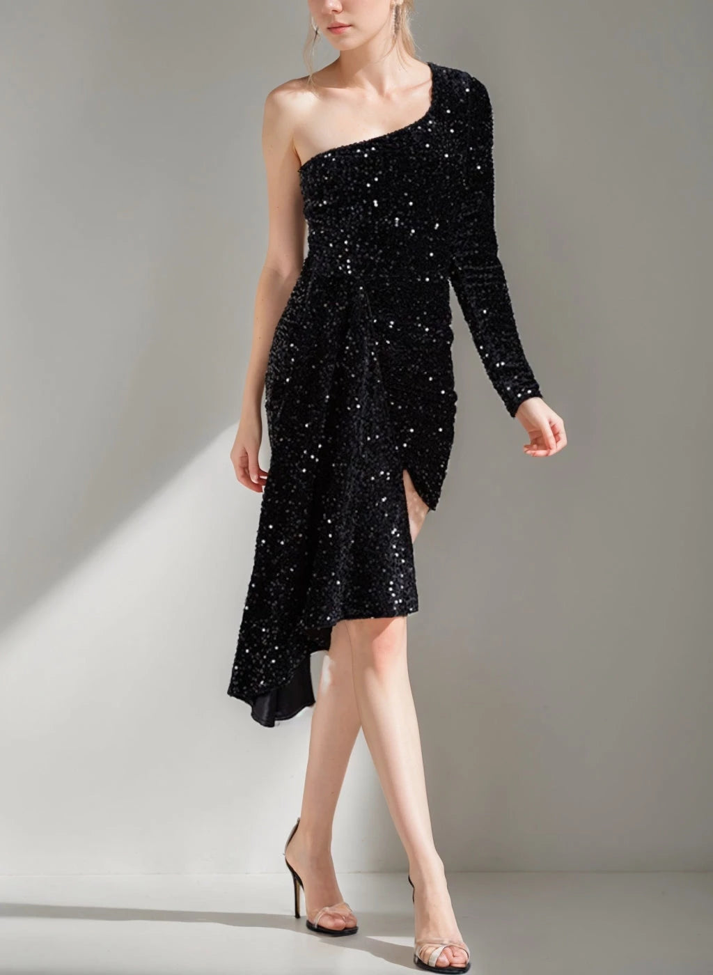 Sheath Sexy Sequined One-Shoulder Long Sleeve Asymmetrical Party Dresses Homecoming Dresses