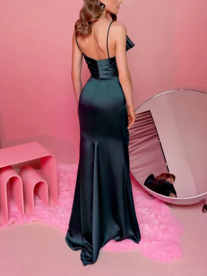 Sheath Spaghetti Straps Sleeveless Floor-Length with Ruffles Party Dress Evening Dress