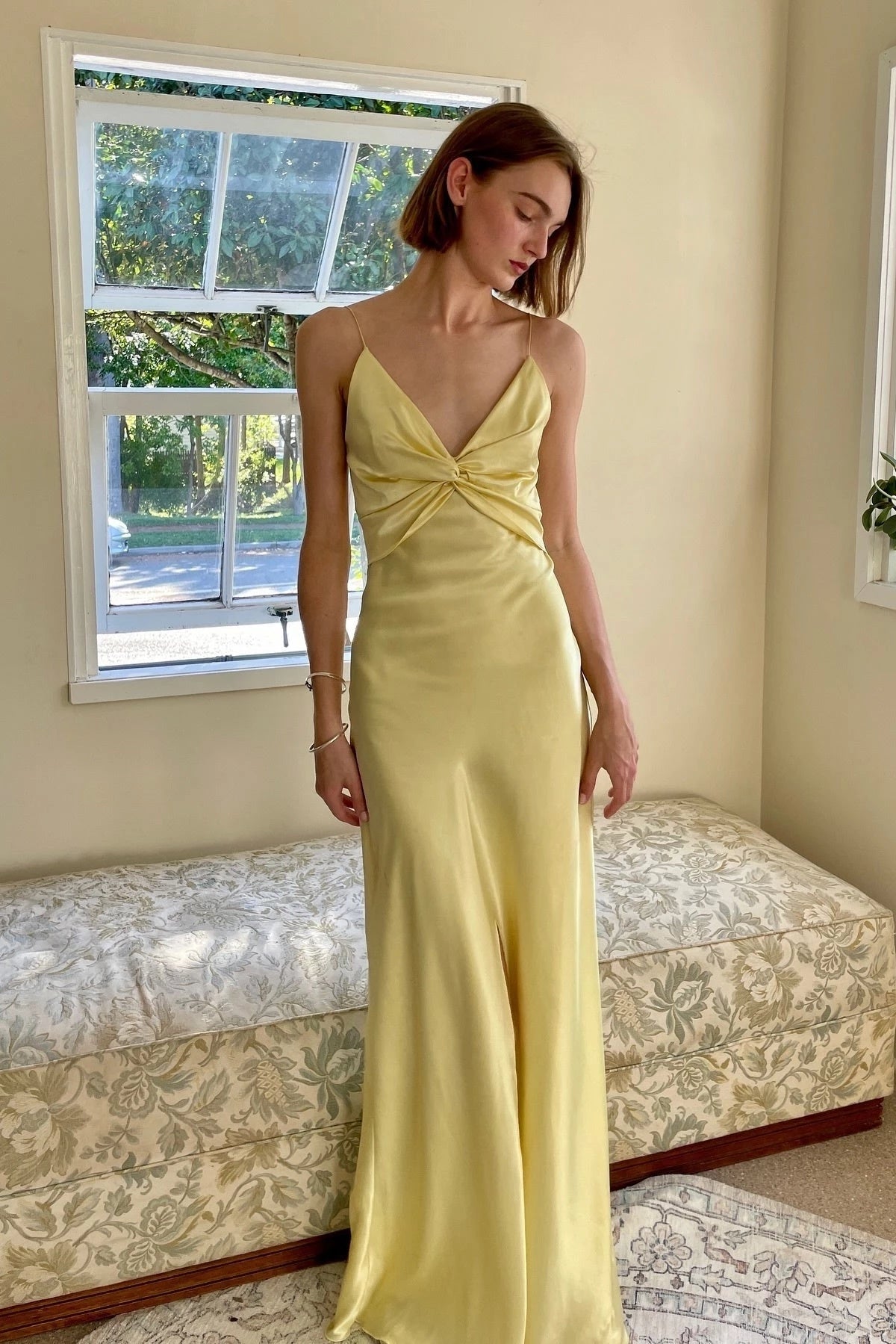 Sheath Spaghetti Straps Yellow Long Floor Length Evening Dress Party Dresses Prom Dress