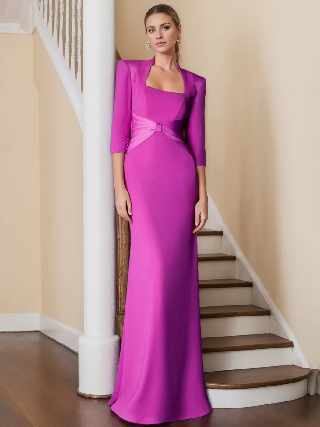 Sheath Standing Shoulders Long Length Sleeves Floor-Length Unique with Ruffles Evening Dresses