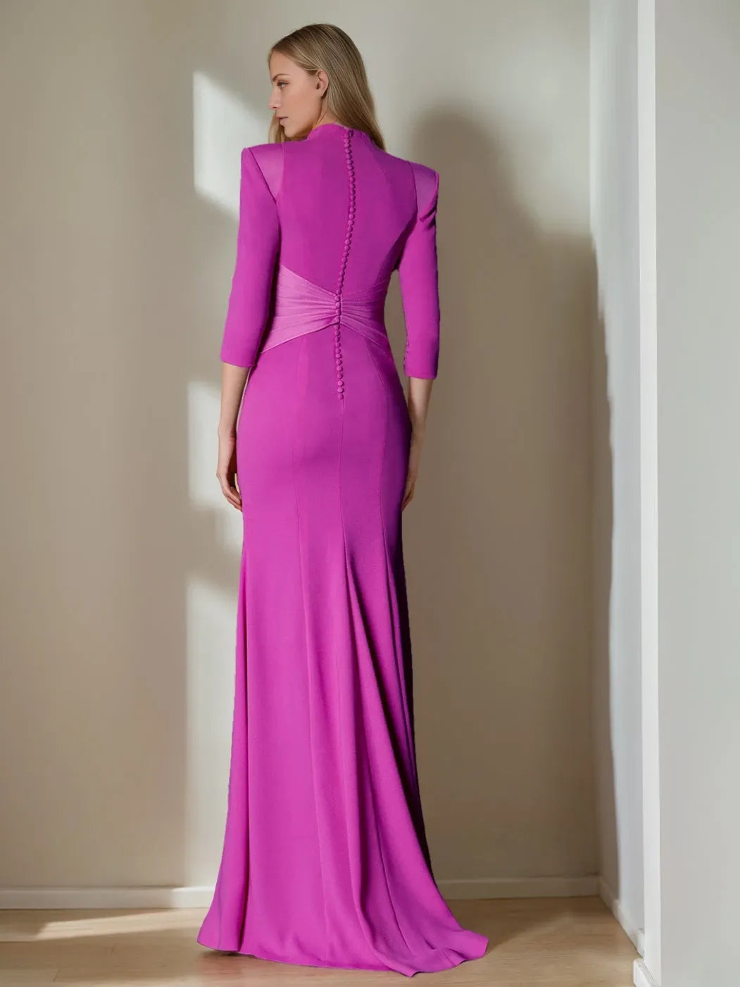Sheath Standing Shoulders Long Length Sleeves Floor-Length Unique with Ruffles Evening Dresses