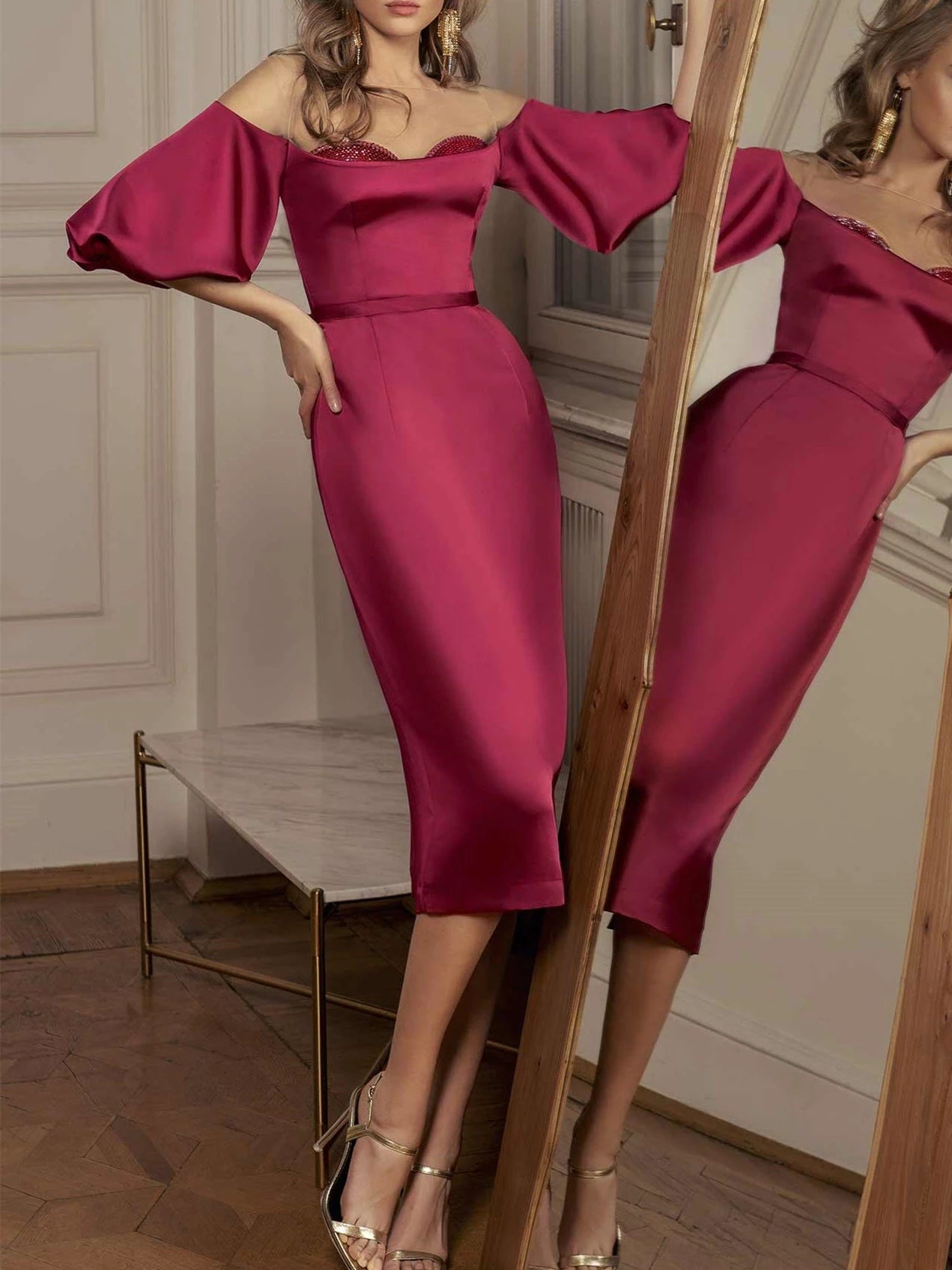 Sheath Straight Neckline Half Sleeves Knee-Length With Embellished Cups Cocktail Dresses  Party Dress Evening Dress