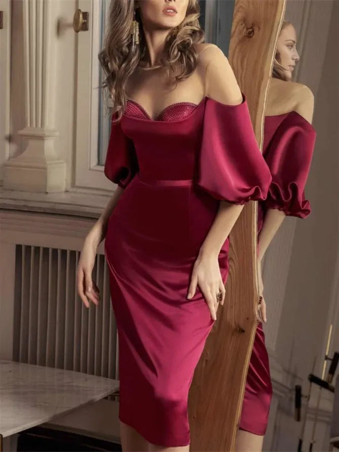 Sheath Straight Neckline Half Sleeves Knee-Length With Embellished Cups Cocktail Dresses  Party Dress Evening Dress