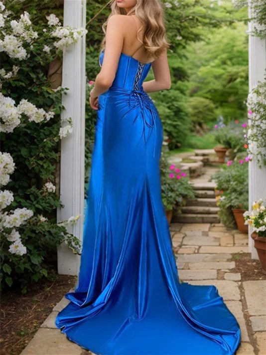 Sheath Strapless Floor-Length With Split Side Evening Dresses