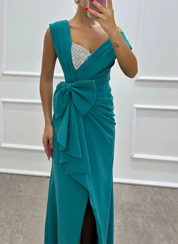Sheath SweepTrain Sleeveless Elastic Satin With Bow Evening Dresses