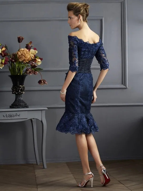 Sheath Taffeta Off-the-Shoulder Short Sleeves Knee-Length With Lace Mother of the Bride Dresses
