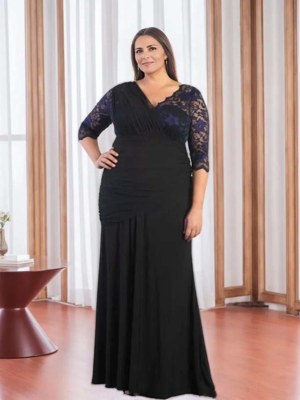 Sheath V-Neck Half Sleeves Floor-Length Plus Size with Appliques and Ruffles Mother of the Bride Dresses