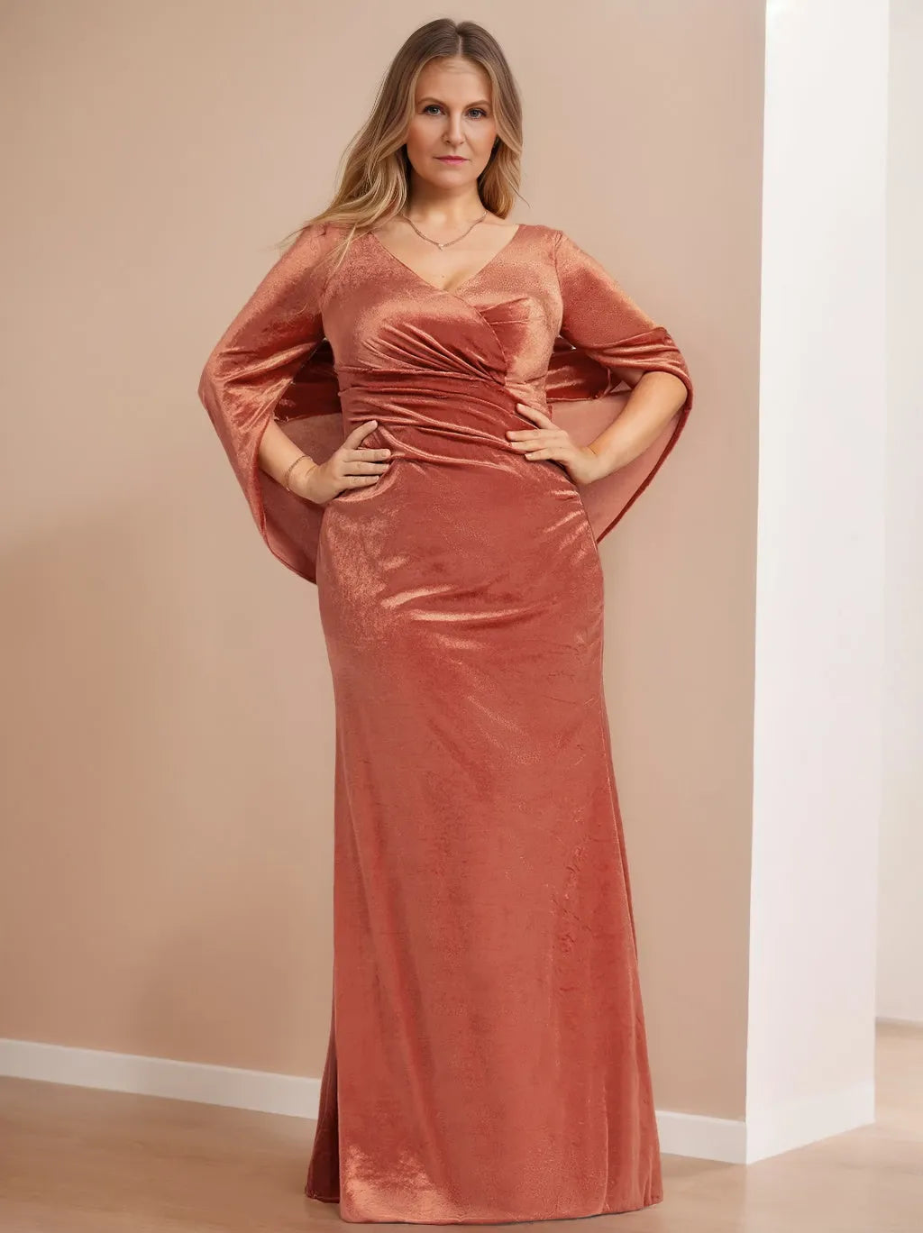 Sheath V-Neck Half Sleeves Floor-Length Velvet Plus Size with Ruffles Mother of the Bride Dresses