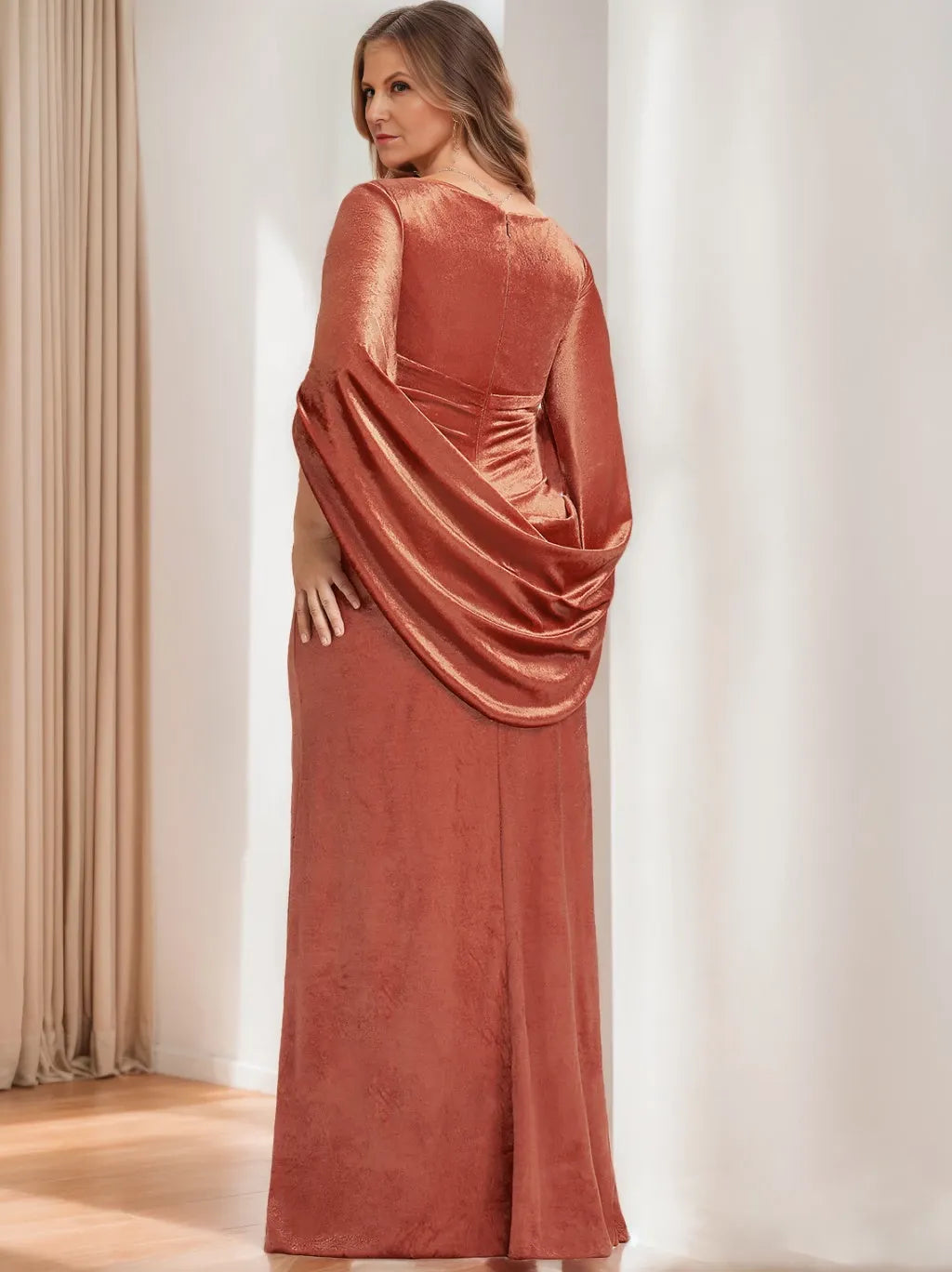 Sheath V-Neck Half Sleeves Floor-Length Velvet Plus Size with Ruffles Mother of the Bride Dresses