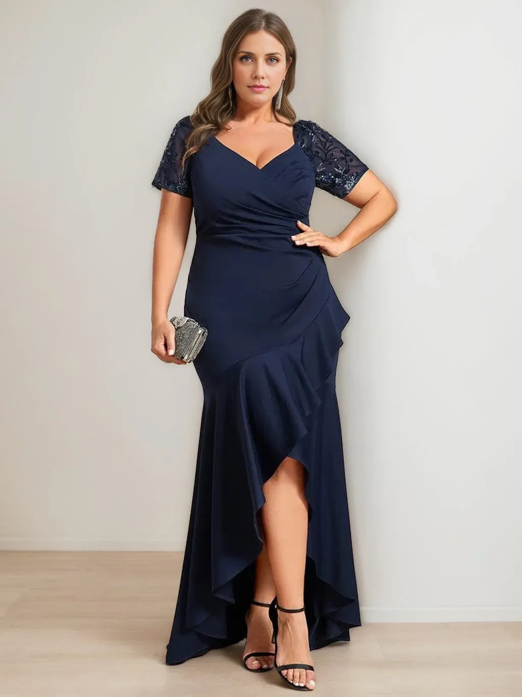 Sheath V-Neck Short Sleeves Asymmetrical Plus Size with Sequins  Mother of the Bride Dresses
