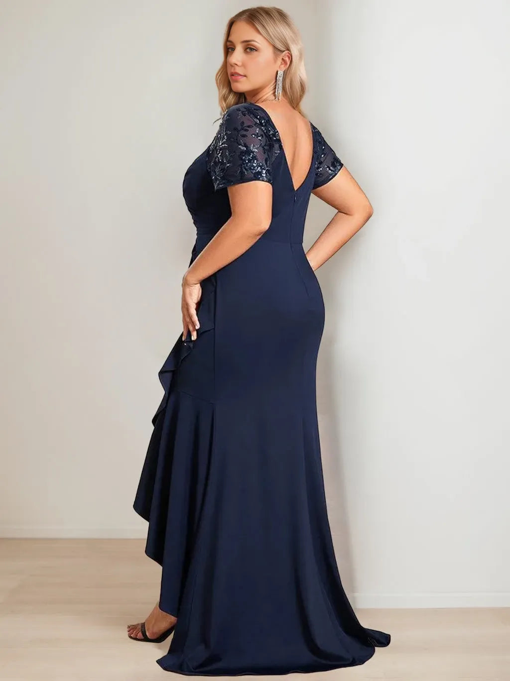 Sheath V-Neck Short Sleeves Asymmetrical Plus Size with Sequins  Mother of the Bride Dresses