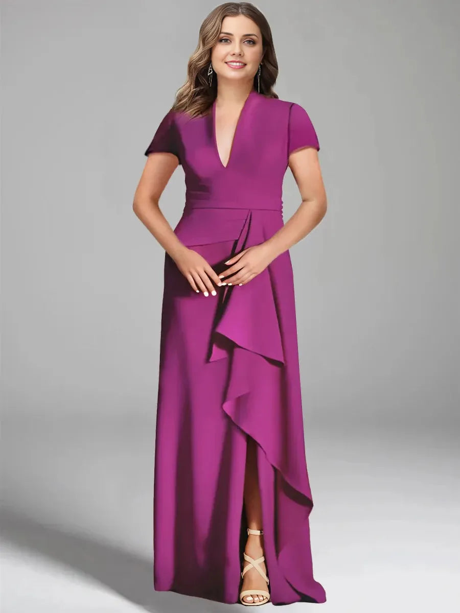 Sheath V-Neck Short Sleeves Floor-Length Plus Size with Split Side Mother of the Bride Dresses ﻿