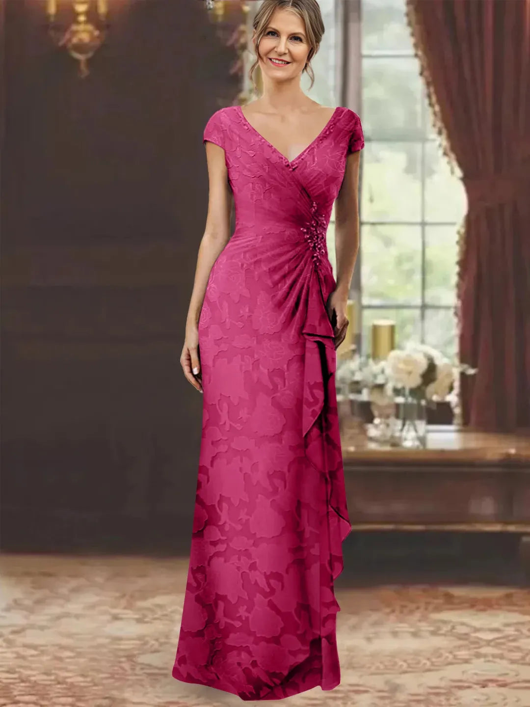 Sheath V-Neck Short Sleeves Floor-Length Rose Lace Applique With Ruffles Sequins Mother of the Bride Dresses
